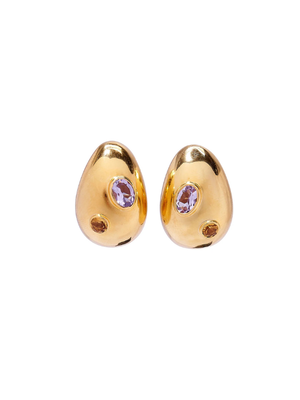 Mini Arp Earrings in Studded Gold featuring gold-plated brass, pink amethyst, and citrine stones.