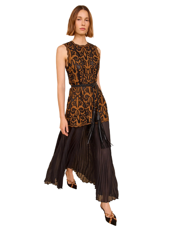 Auryn Dress in Saffron by Ulla Johnson showcasing Victorian-inspired embroidery on black mesh.