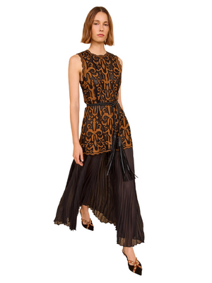 Auryn Dress in Saffron by Ulla Johnson showcasing Victorian-inspired embroidery on black mesh.