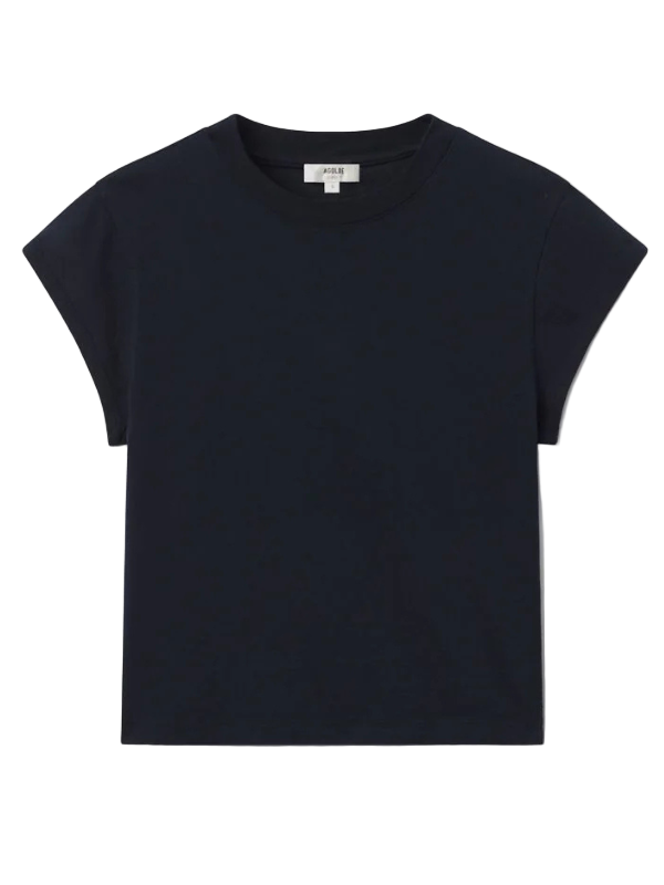 Bryce Cap Sleeve Tee in Storm, showcasing the modern angled sleeves and soft cotton fabric.