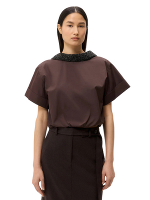 Forever and Always Shirt in Chocolate - cropped, reversible cotton poplin shirt with crystal collar