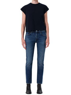 Cocktail Ankle Jean in Outline by Agolde, showcasing its slim fit and dark red cast indigo denim.