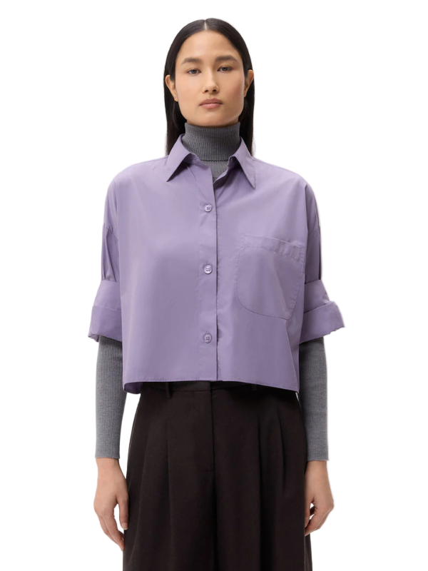 Next Ex in Black Plum cropped shirt showcasing boxy silhouette and chest patch pocket.