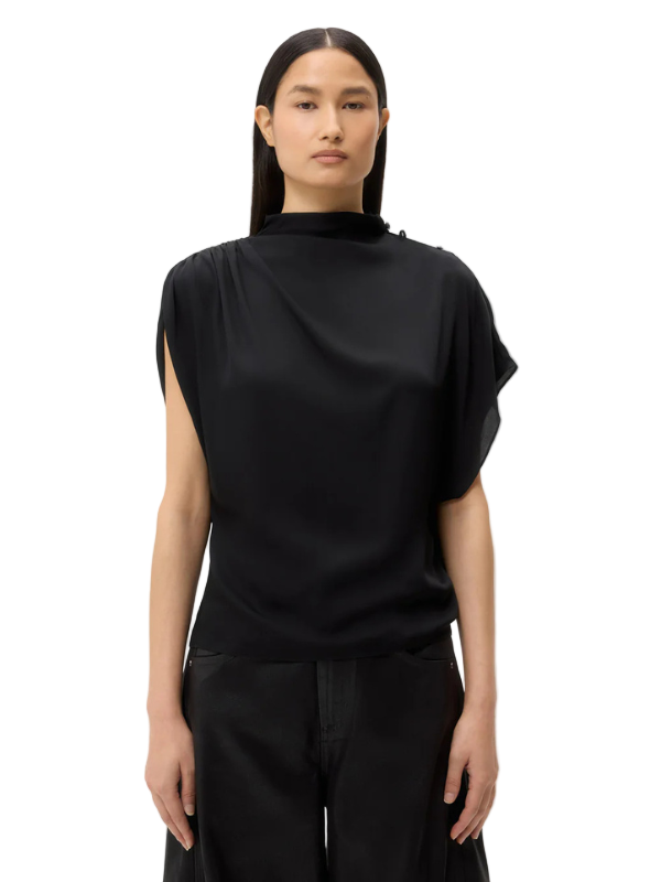 Stylish black mock neck blouse 'Wish You Would Top in Black' by TWP, featuring cap sleeves and a soft drape.