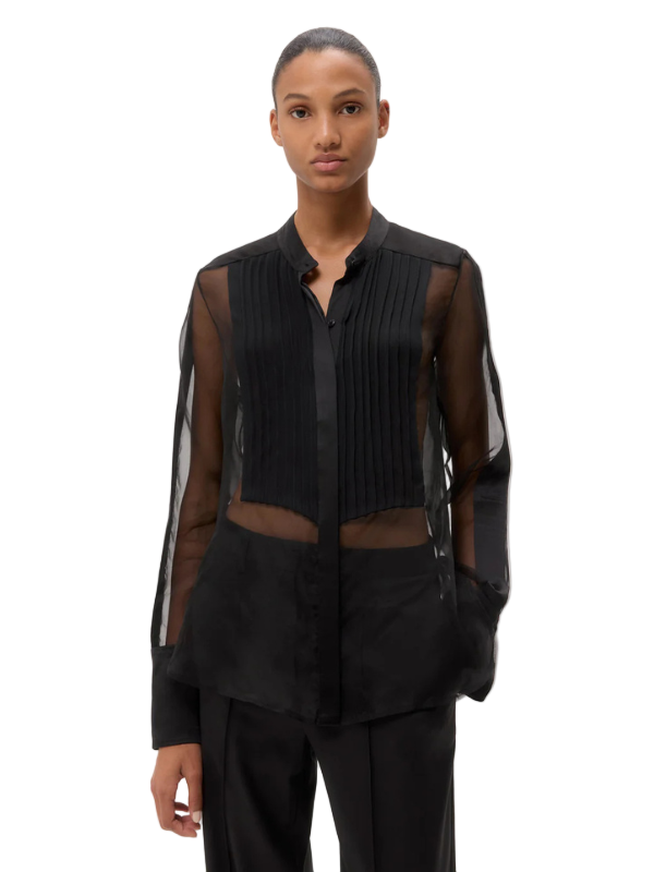 Peyton Top in Black, an oversized sheer shirt in silk organza with a relaxed fit, showcasing its stylish tuxedo-style panel design.