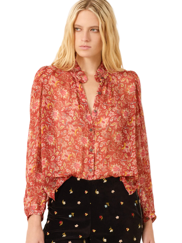 Annabel Shirt in Sunset Ember with puff shoulders and feminine ruffled collar by Alix of Bohemia