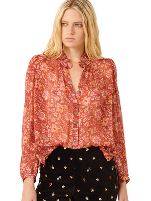 Annabel Shirt in Sunset Ember with puff shoulders and feminine ruffled collar by Alix of Bohemia