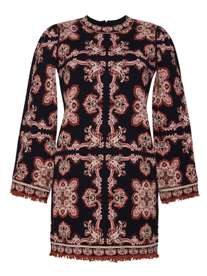 Fritz Dress in Black Paisley by Cara Cara, showcasing the festive novelty birdseye jacquard pattern and flared puff sleeves.