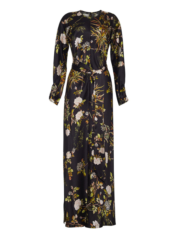 Montgomery Dress in Alfine Gardens Black, a long sleeve silk maxi dress with side slits and a self sash accentuating the waist.