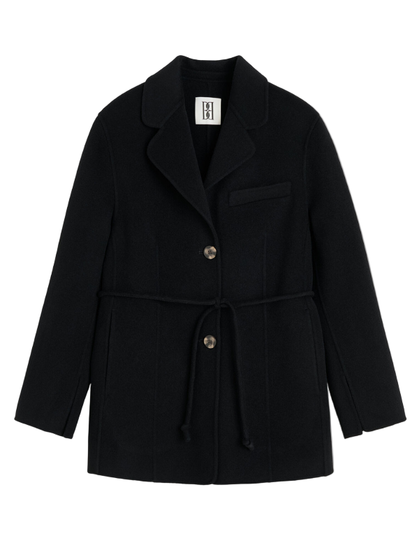 Hellen Blazer in Black by By Malene Birger, showcasing classic tailoring with feminine allure, featuring notched lapels and a slim detachable waistbelt.