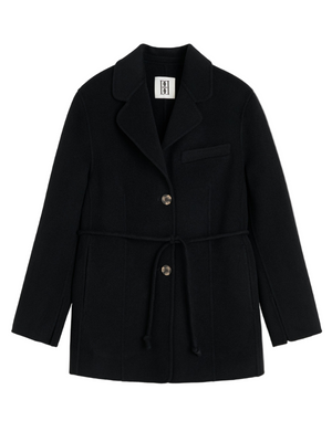 Hellen Blazer in Black by By Malene Birger, showcasing classic tailoring with feminine allure, featuring notched lapels and a slim detachable waistbelt.