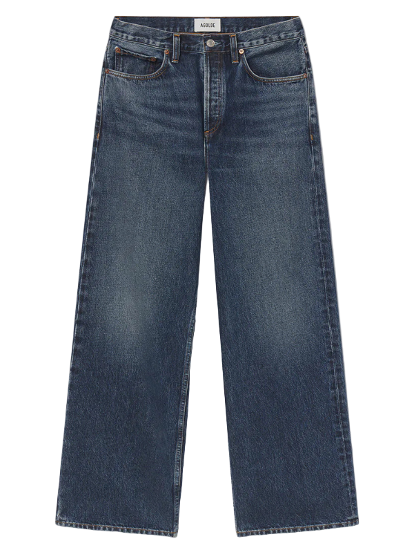 Agolde Arc Jean 32" in Shortwave showcasing relaxed wide-leg silhouette and mid-rise waist.