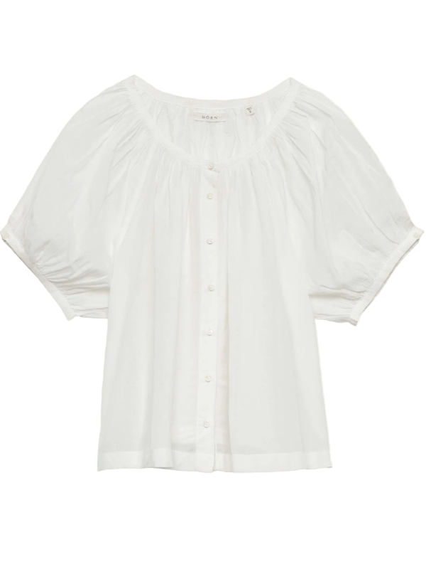 Dôen June Top in Salt showcasing a lightweight and relaxed fit with a gathered scoop neckline and full raglan sleeves.