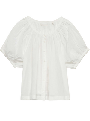 Dôen June Top in Salt showcasing a lightweight and relaxed fit with a gathered scoop neckline and full raglan sleeves.