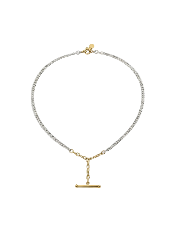 Elegant Industrial Barbell Necklace in Silver and Gold featuring a delicate silver chain and gold vermeil barbell, showcasing a modern luxury design by Loren Stewart.