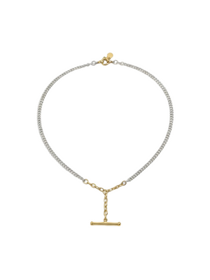 Elegant Industrial Barbell Necklace in Silver and Gold featuring a delicate silver chain and gold vermeil barbell, showcasing a modern luxury design by Loren Stewart.