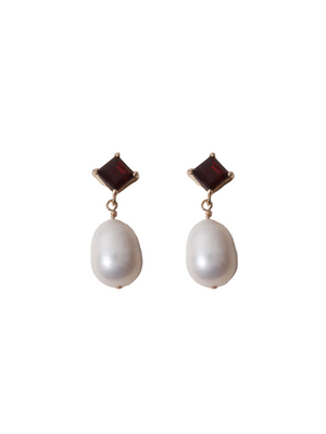 Gem Baroque Earrings in Garnet and Pearl showcasing their elegant design and bold geometry from Loren Stewart.