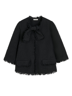 Diana Boucle Blouse in Black by By Malene Birger, featuring a chic design with faux front pockets and fringe hems.