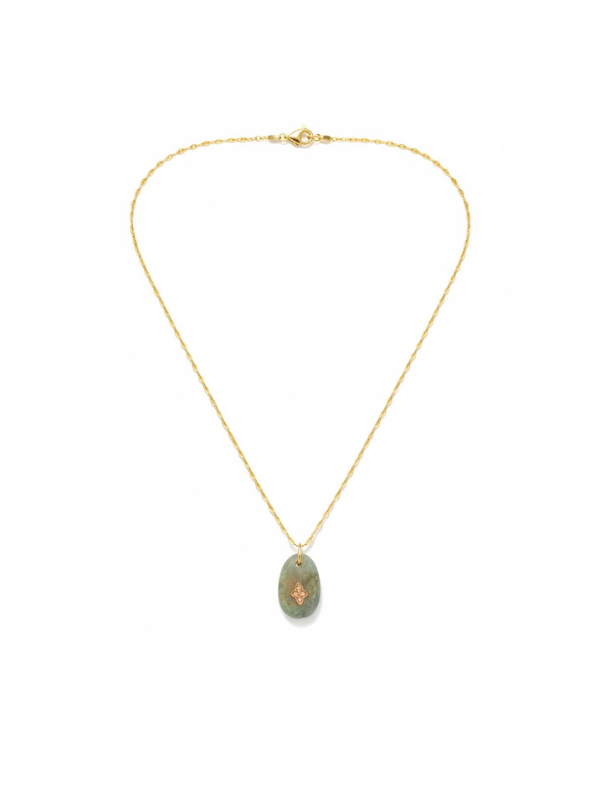 Gaia No1 Necklace in Labradorite featuring a stunning labradorite stone complemented by small diamonds on a gold chain by Pascale Monvoisin.