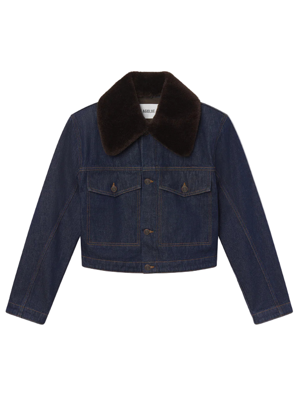 Agolde Walker Jacket with Fur in Rinse showcasing its cropped silhouette and removable faux fur collar, perfect for a chic casual look.