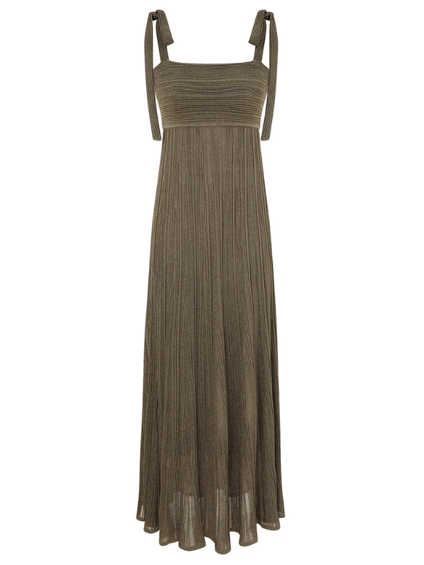 Wanderlust Metallic Maxi Dress in Metallic Olive - front view showcasing the self-tie straps and pleated skirt.