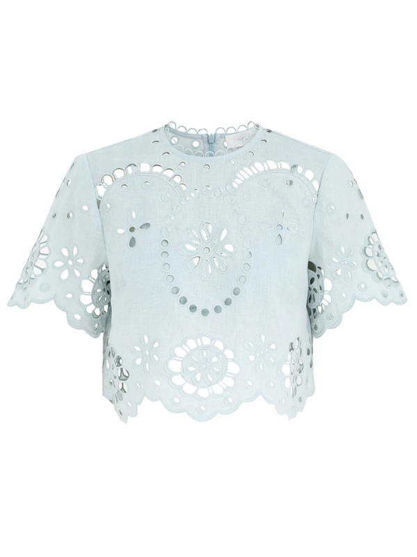 Awaken Embroidered Bodice in Mint by Zimmermann, showcasing intricate embroidery and scalloped trim.