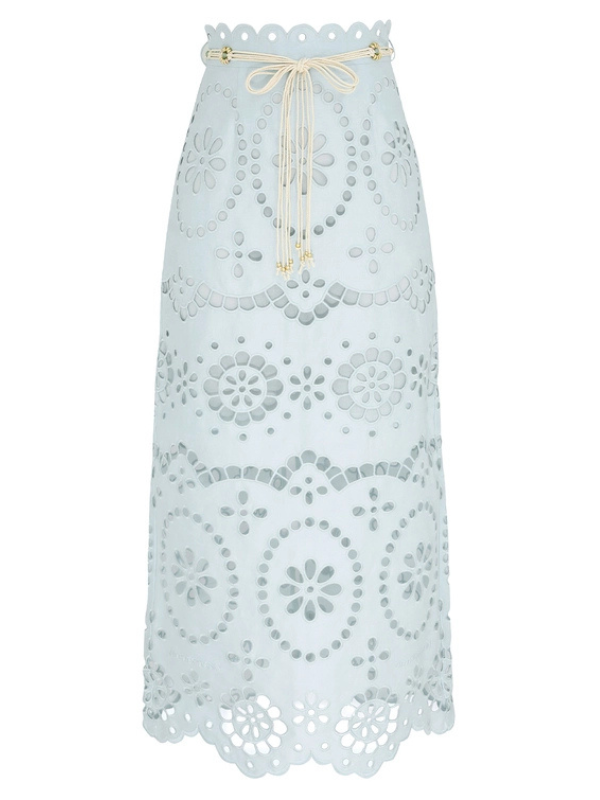 Awaken Embroidered Skirt in Mint featuring intricate scalloped embroidery and a fitted waistband.