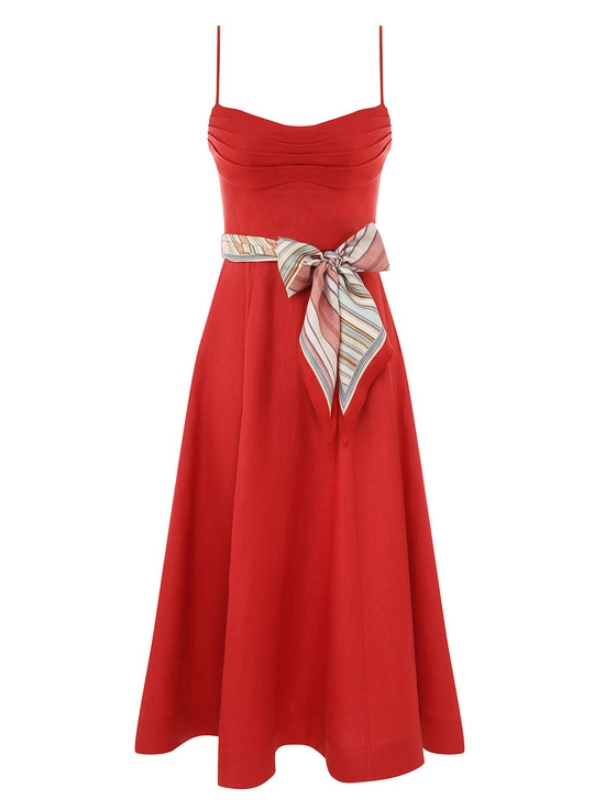 Rebellion Tuck Midi Dress in Red by Zimmermann, showcasing its elegant drape detailing across the bust.