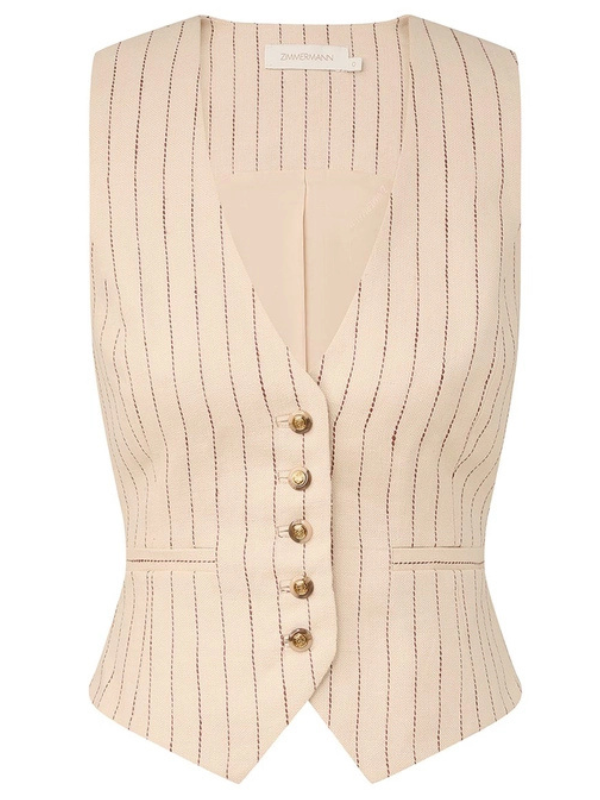 Rebellion Pinstripe Waistcoat in Cream Stripe showcasing deep V-neckline and front buttons from Zimmermann's Cruise 2026 Collection.