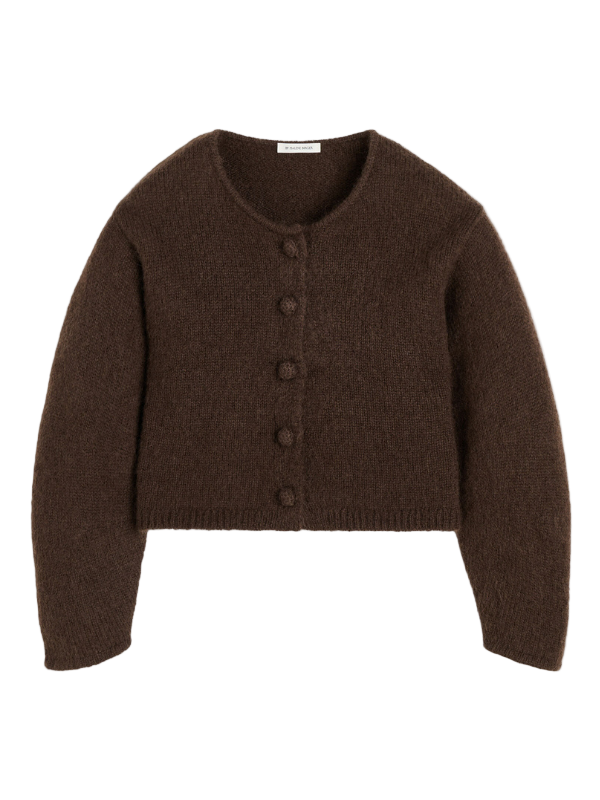 Zharea Cardigan in Dark Mahogany showcasing a chic cropped design made from soft mohair and wool mix.