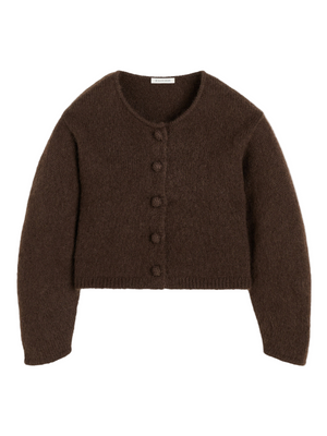 Zharea Cardigan in Dark Mahogany showcasing a chic cropped design made from soft mohair and wool mix.