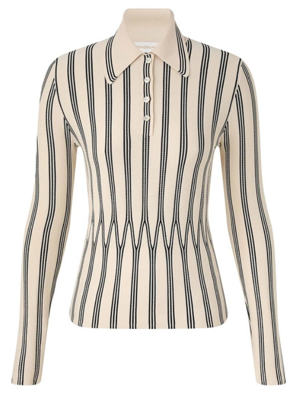 Rebellion Striped Polo in Cream Stripe by Zimmermann, showcasing the classic collar and fitted sleeves.