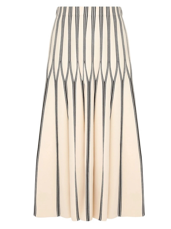 Rebellion Striped Midi Skirt in Cream Stripe front view showing elasticated waist and pleated design from Zimmermann's Cruise 2026 Collection.