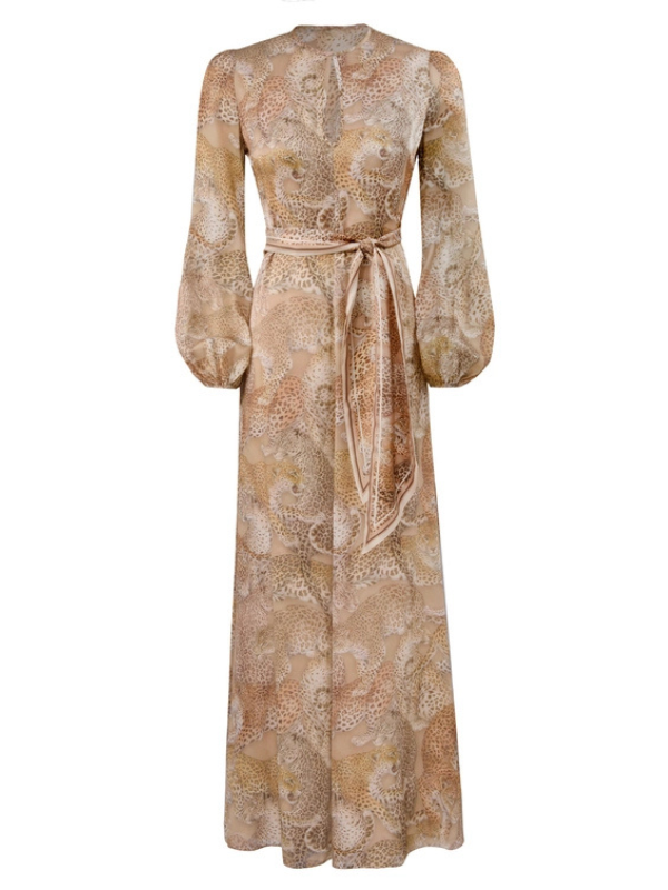 Rebellion Sheath Dress in Latte Leopard by Zimmermann featuring a chic silk maxi design with keyhole bust and billow sleeves.