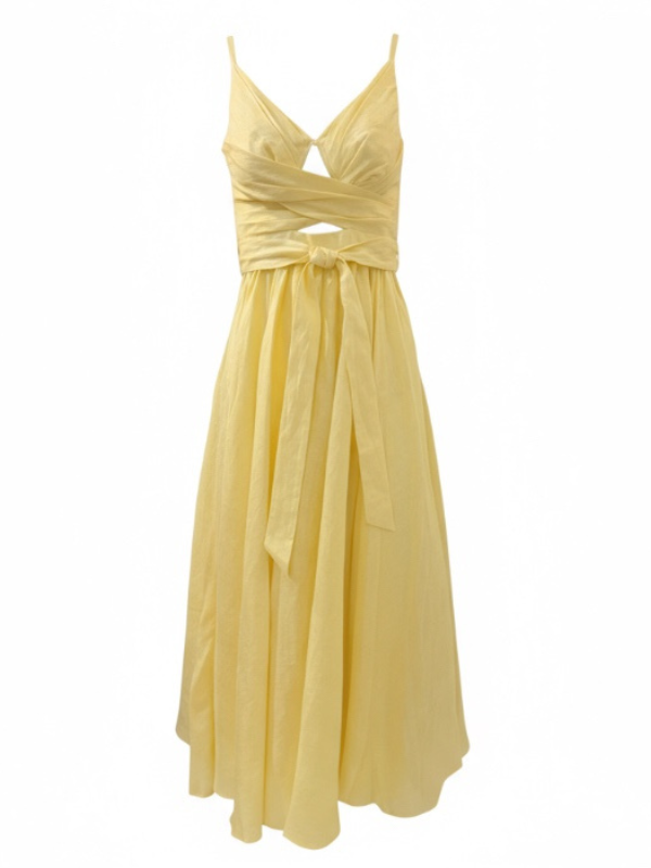 Beautiful Awaken Midi Dress in Lemon by Zimmermann, showcasing a fitted bodice with pleating and a flared skirt, perfect for any summer occasion.
