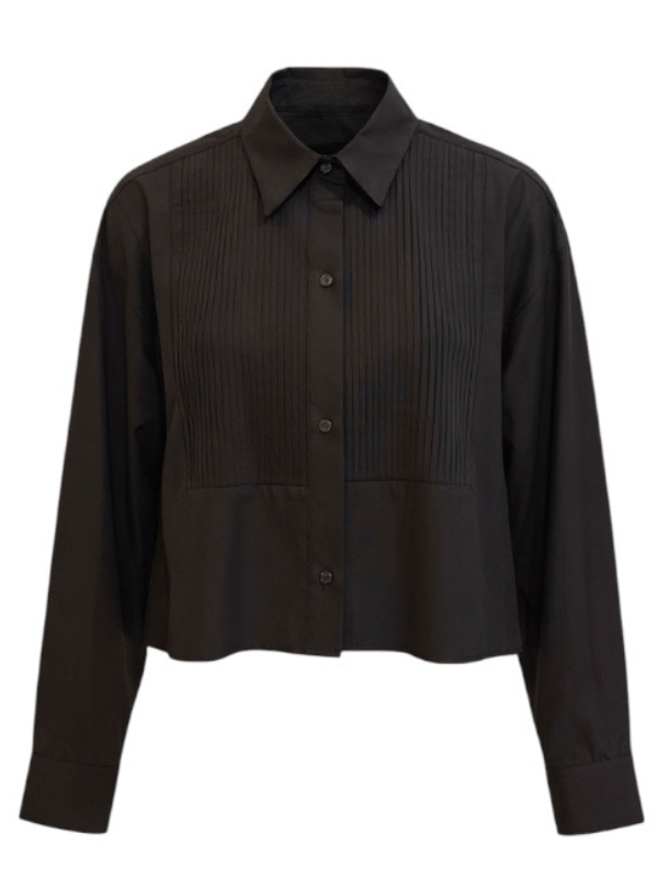TWP's Soon To Be Ex cropped long-sleeve button-down in black with tuxedo-style bib foreground.