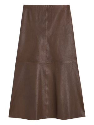 Simoas Leather Skirt in Carafe by By Malene Birger displayed on a model showcasing its flattering A-line silhouette made from soft lamb leather.