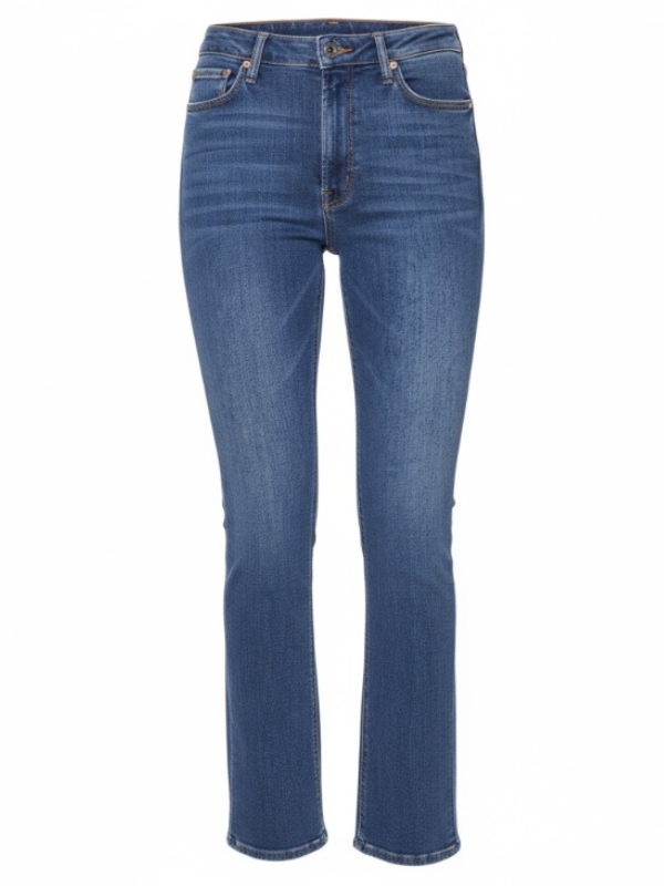 High Waisted Runaway in Start Your Engines showcasing the modern skinny flare design and dark blue color with fade details.