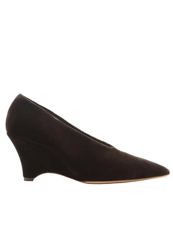 Victoria Decolette Wedge in Visone Velvet showcasing the elegant design with a pointy toe and cushioned leather insole.