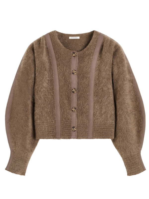 Pernille Cardigan in Chocolate Chip by By Malene Birger, showcasing a soft mohair mix with stylish stripes.