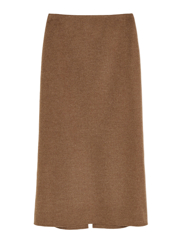 Palomie Midi Skirt in Dark Brown Melange by By Malene Birger, showcasing its sleek A-line silhouette and high waist design.