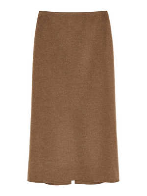 Palomie Midi Skirt in Dark Brown Melange by By Malene Birger, showcasing its sleek A-line silhouette and high waist design.