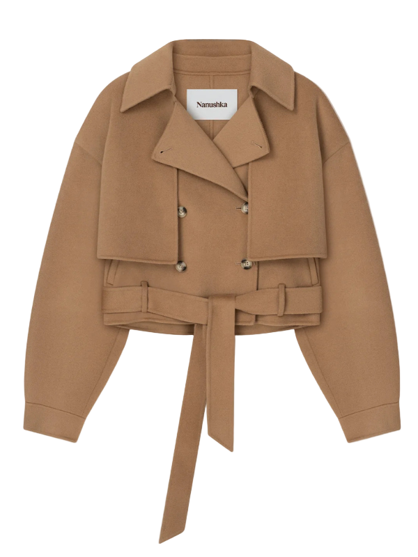 Nanushka Satoyo Jacket in Camel, showcasing the double-breasted silhouette and waist-cinching belt.