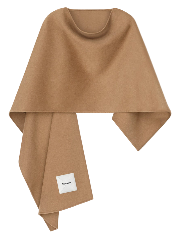 Luxury Kamin Shawl in Camel by Nanushka, crafted from a blend of 90% wool and 10% silk, showcasing a sophisticated draped design.