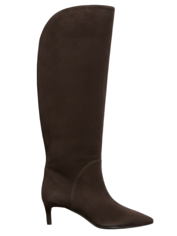 Gaia Suede Boot in Ebano by Paris Texas, featuring a stylish pointed toe design in chocolate brown calf suede leather.