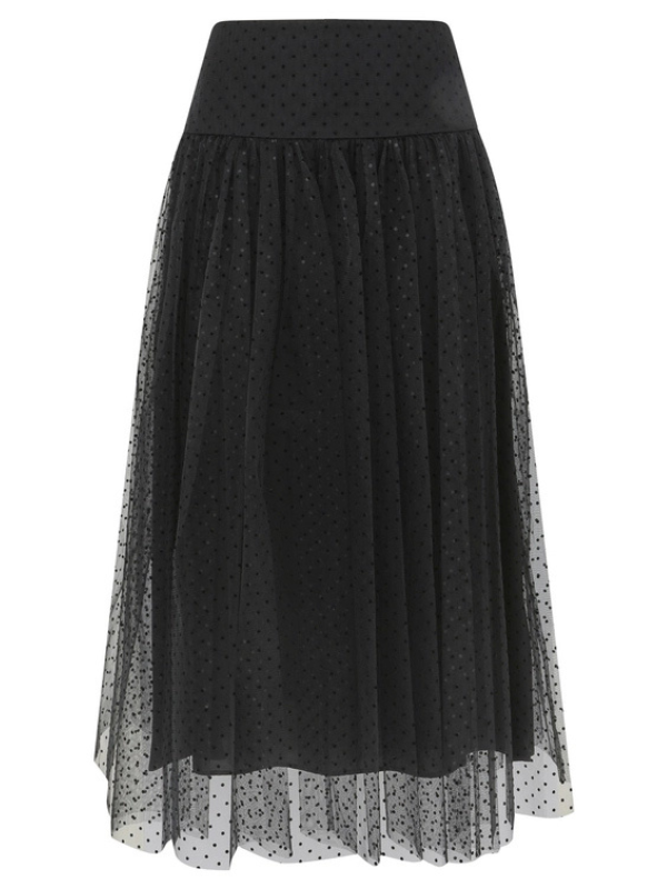 Stylish Tulle Dot Midi Skirt in Black from Zimmermann's Cruise 2026 Collection, showcasing a beautiful patterned tulle overlay.