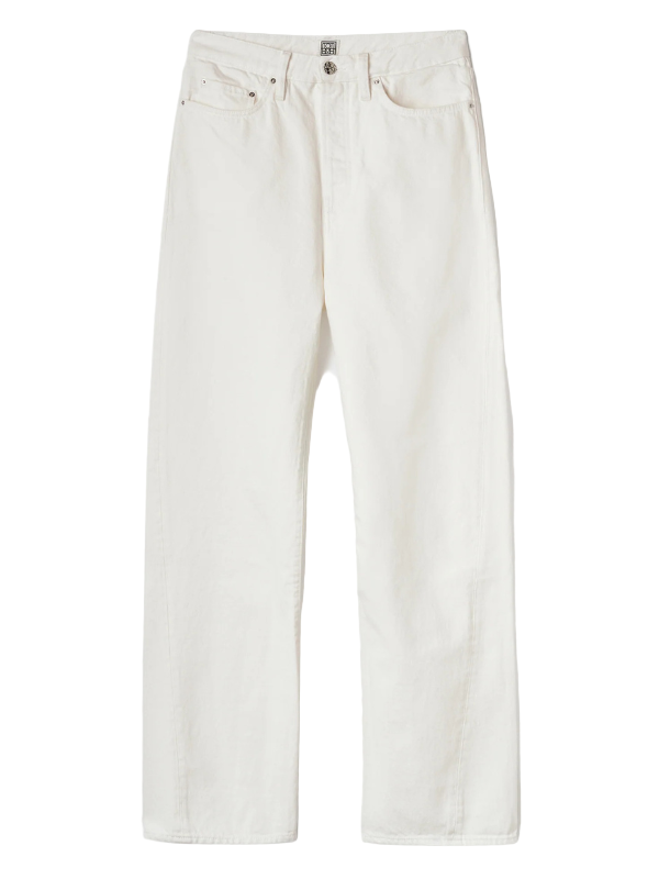 Twisted Seam Full Length Jean in Off-white displayed on a model, showcasing its relaxed, straight-tapered fit.