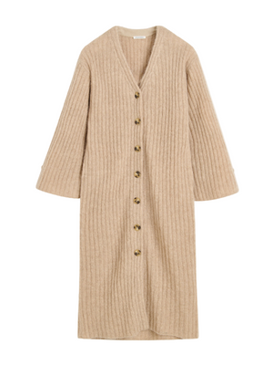 Cimonello Maxi Cardigan in Twill Beige by By Malene Birger, showcasing its warm wool and mohair mix fabric.