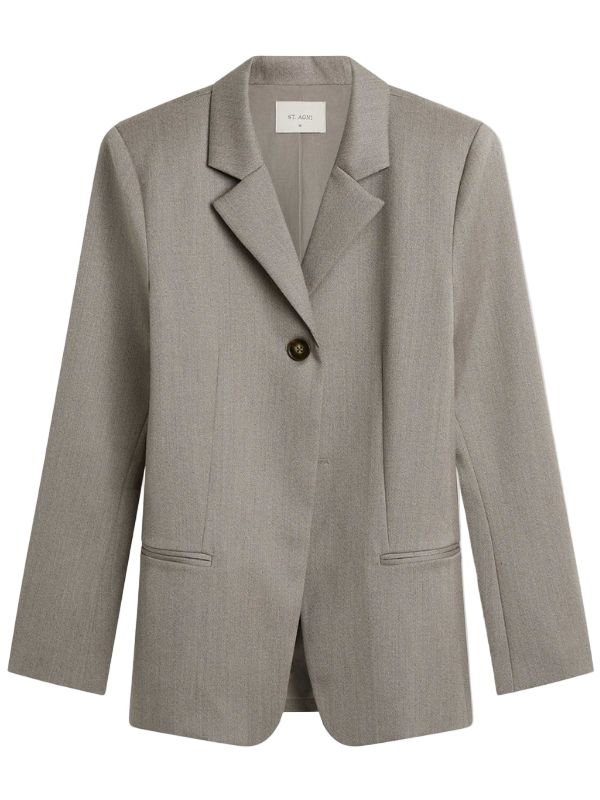 90s Wool Blazer in Doe by St. Agni displayed on a mannequin, featuring peaked lapels and single button closure.