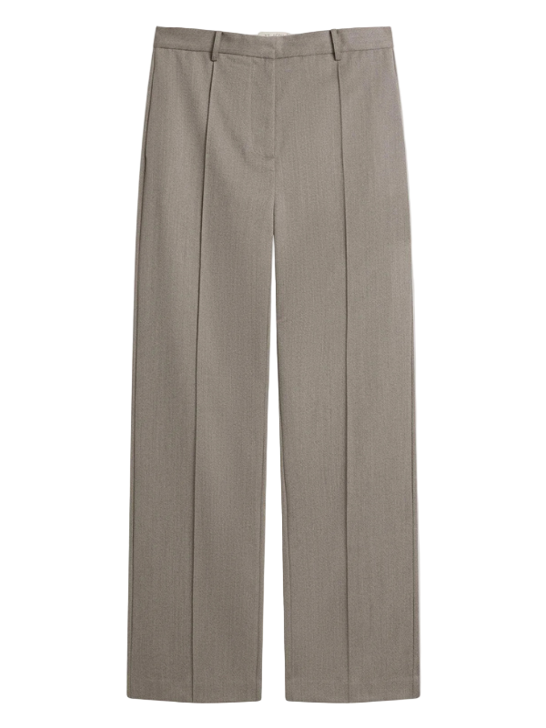 Oupa Pintuck Pants in Doe displayed on a model, showcasing the elegant waisted silhouette and straight-slim leg design.